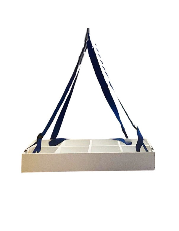 VASSOIO PORTACONFETTI LEGNO BIANCO CON CINGHIE BLU