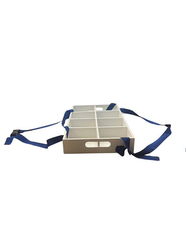 VASSOIO PORTACONFETTI LEGNO BIANCO CON CINGHIE BLU