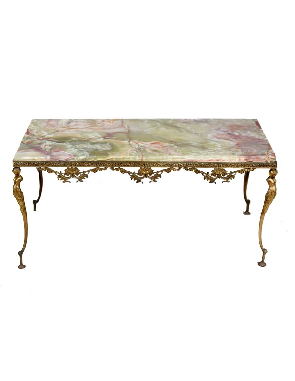 TAVOLINO VINTAGE OTTONE CON PIANO MARMO ROSA E VERDE