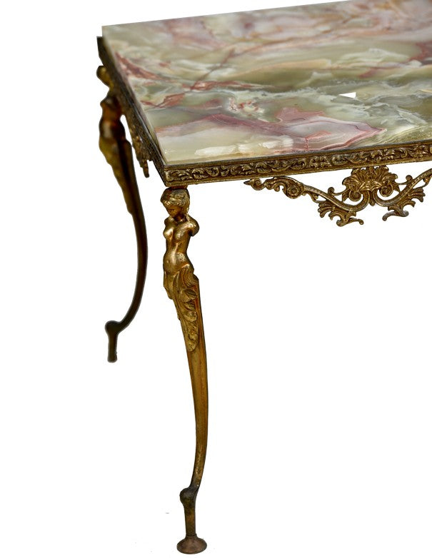 TAVOLINO VINTAGE OTTONE CON PIANO MARMO ROSA E VERDE
