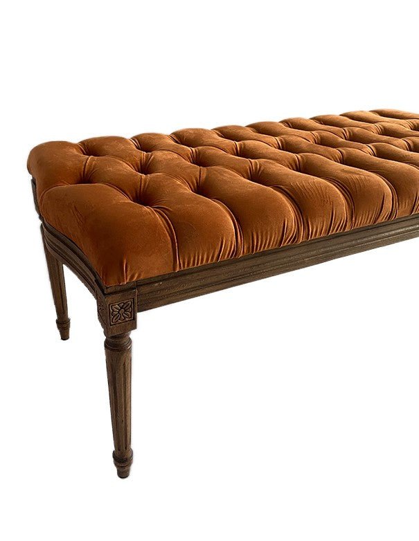 PANCA LUIGI XVI IN LEGNO NOCE CON CUSCINO IN VELLUTO ARANCIONE BRUCIATO