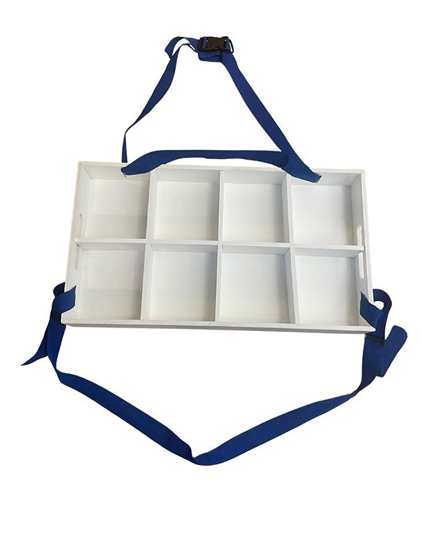 VASSOIO PORTACONFETTI LEGNO BIANCO CON CINGHIE BLU