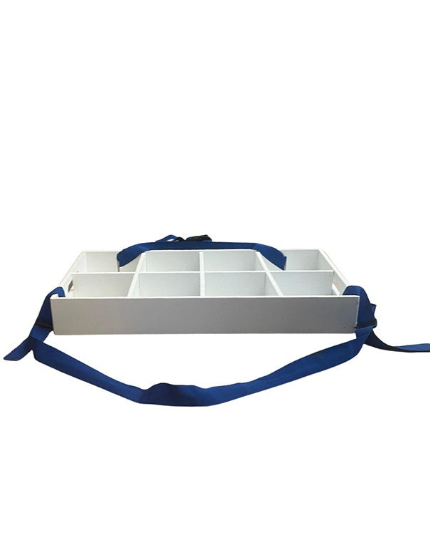 VASSOIO PORTACONFETTI LEGNO BIANCO CON CINGHIE BLU