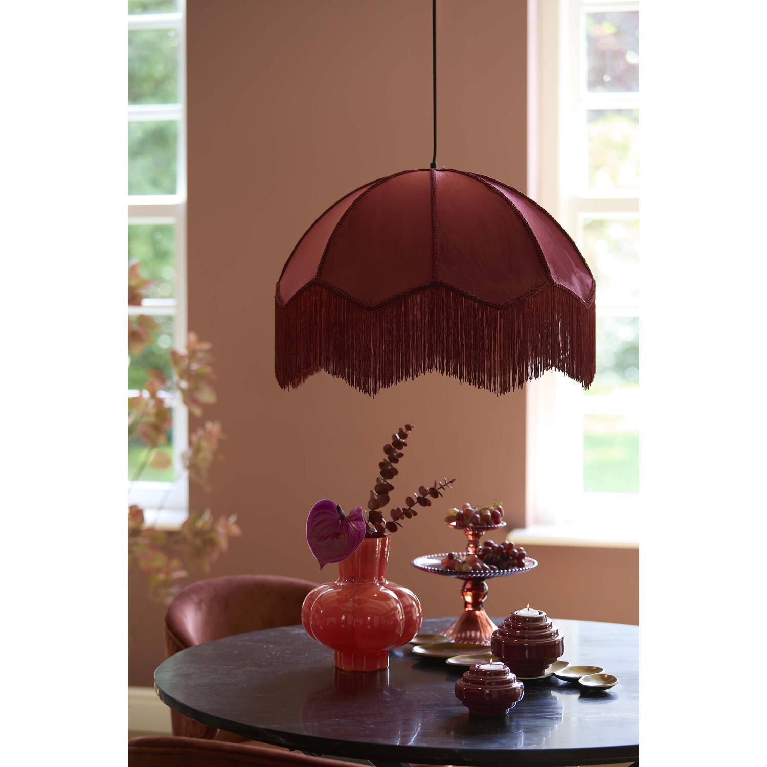 LAMPADARIO VELLUTO BORDEAUX CON FRANGE
