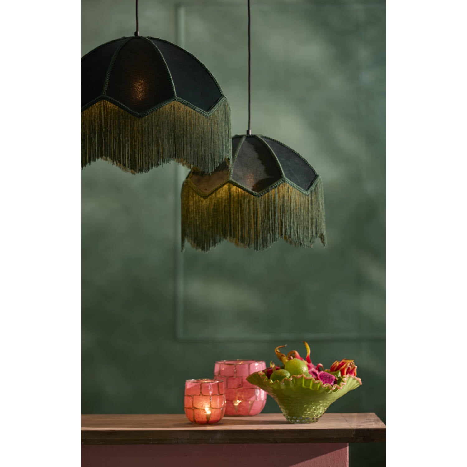 LAMPADARIO VELLUTO VERDE CON FRANGE