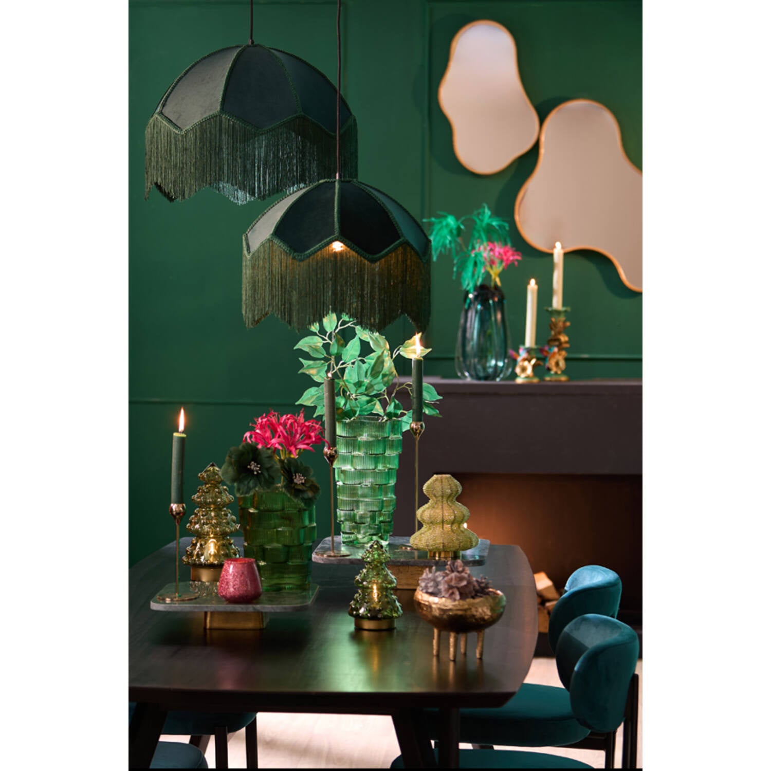 LAMPADARIO VELLUTO VERDE CON FRANGE