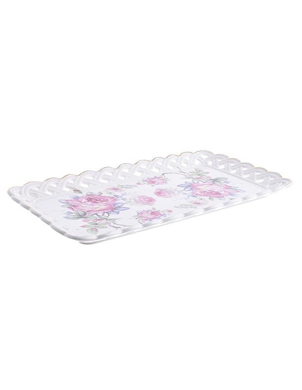 VASSOIO RETTANGOLARE ROSE BIANCO INSERTI IN ORO