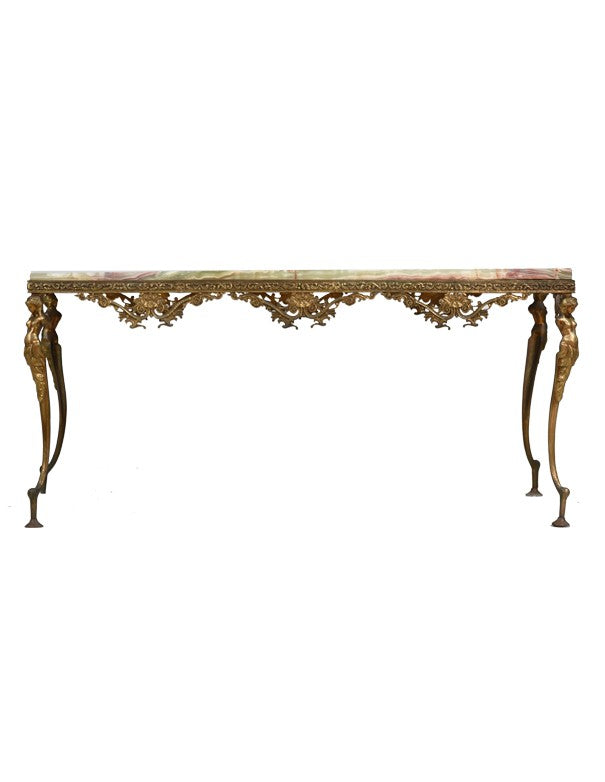 TAVOLINO VINTAGE OTTONE CON PIANO MARMO ROSA E VERDE