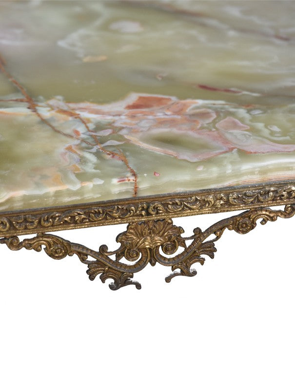 TAVOLINO VINTAGE OTTONE CON PIANO MARMO ROSA E VERDE
