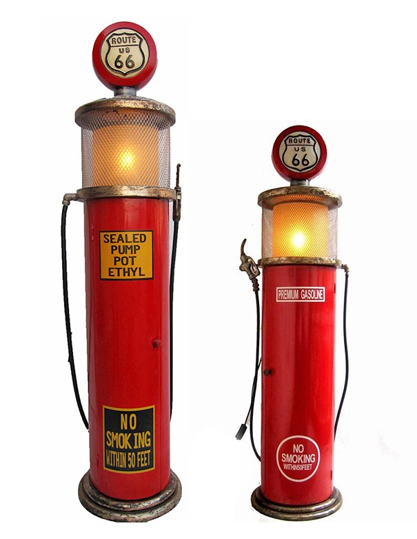 DISTRIBUTORE DI BENZINA ROSSO VINTAGE CIRCOLARE ROUTE 66 CON LAMPADINA